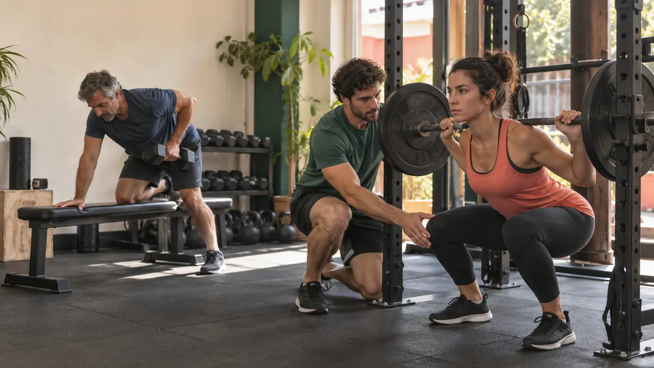 Un gimnasio de barrio a media mañana: el profe le corrige la sentadilla a una alumna mientras otros entrenan.